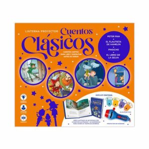 Lanternă Proiector cu Povești Clasice pentru Copii – Peter Pan, Pinocchio, Cartea Junglei, Flautistul din Hamelin, 32 Diapozitive, Carte Ilustrată și Teatru de Umbre