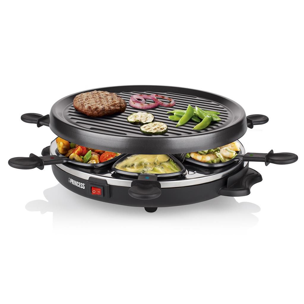 Grătar Electric Raclette Princess 3 în 1 pentru 6 Persoane, Placă Grill 30 cm, 6 Tigăi Antiaderente