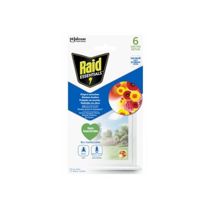 Capcană Adezivă pentru Muște Raid Essentials, Stickere pentru Fereastră, Fără Insecticide, 6 Bucăți