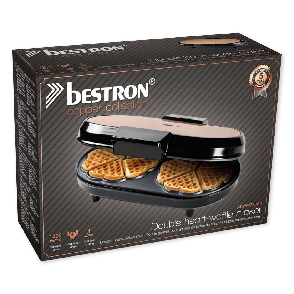 Aparat dublu pentru preparat vafe în formă de inimă Bestron ADWM730CO – 1200 W, Plăci antiaderente, Colecția Copper - imagine 5