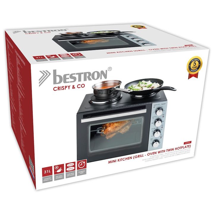 Mini bucătărie electrică Bestron Mini Kitchen AOV31 – Cuptor electric 31 L, Grill, 2 plite electrice, 3200 W - imagine 6