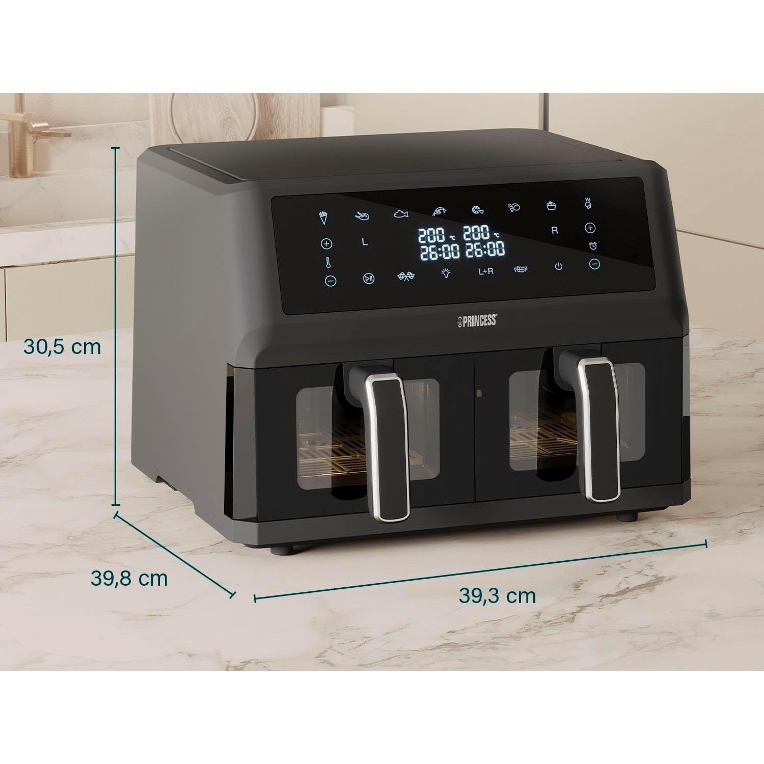 Friteuză cu Aer PRINCESS Double Basket Airfryer 11L, 2400W (2×1200W), Coș Dublu, Ecran Touch Digital, 8 Programe, Funcție Sync Finish - imagine 2