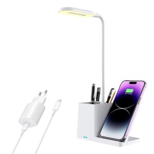 Lampă de birou Casalux cu încărcare fără fir, reglare tactilă a luminozității, suport pentru telefon, LED