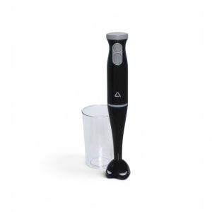 Mixer vertical Ambiano de 300W de culoare neagra cu doua butoane gri alaturi de un pahar gradat transparent