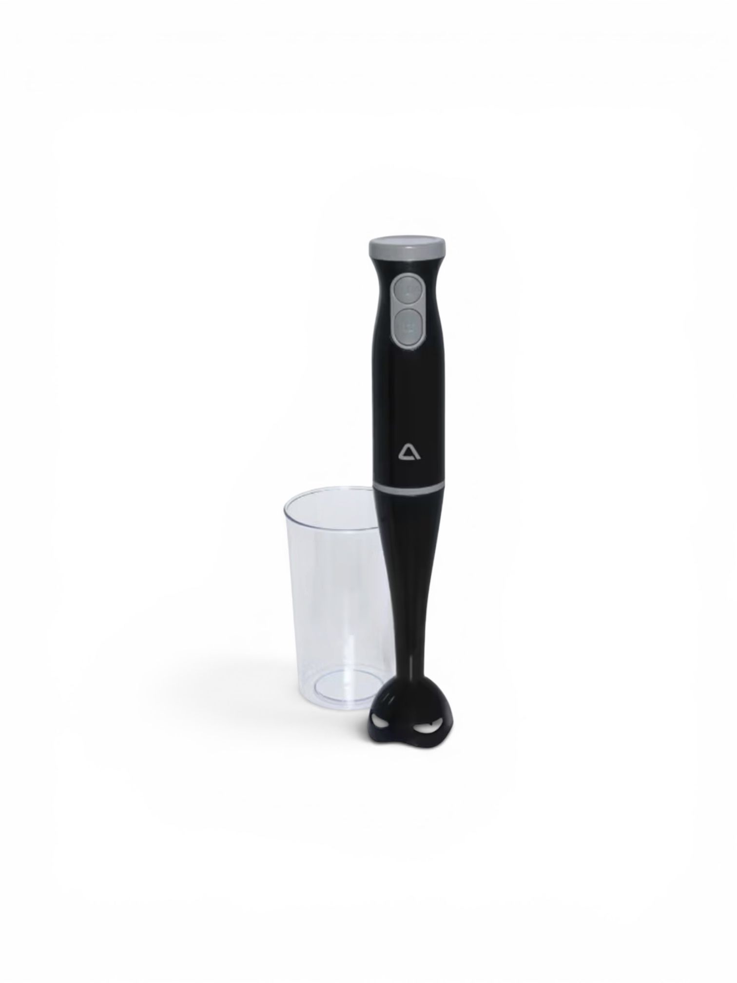 Mixer vertical Ambiano de 300W de culoare neagra cu doua butoane gri alaturi de un pahar gradat transparent