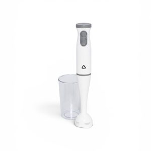 Mixer vertical Ambiano de 300W de culoare alba cu doua butoane gri alaturi de un pahar gradat transparent