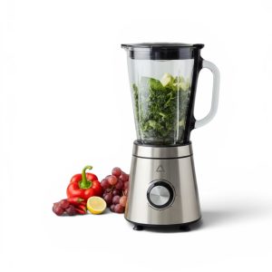 Blender electric Ambiano BL-600 din otel inoxidabil cu vas de sticla umplut cu legume verzi pentru smoothie