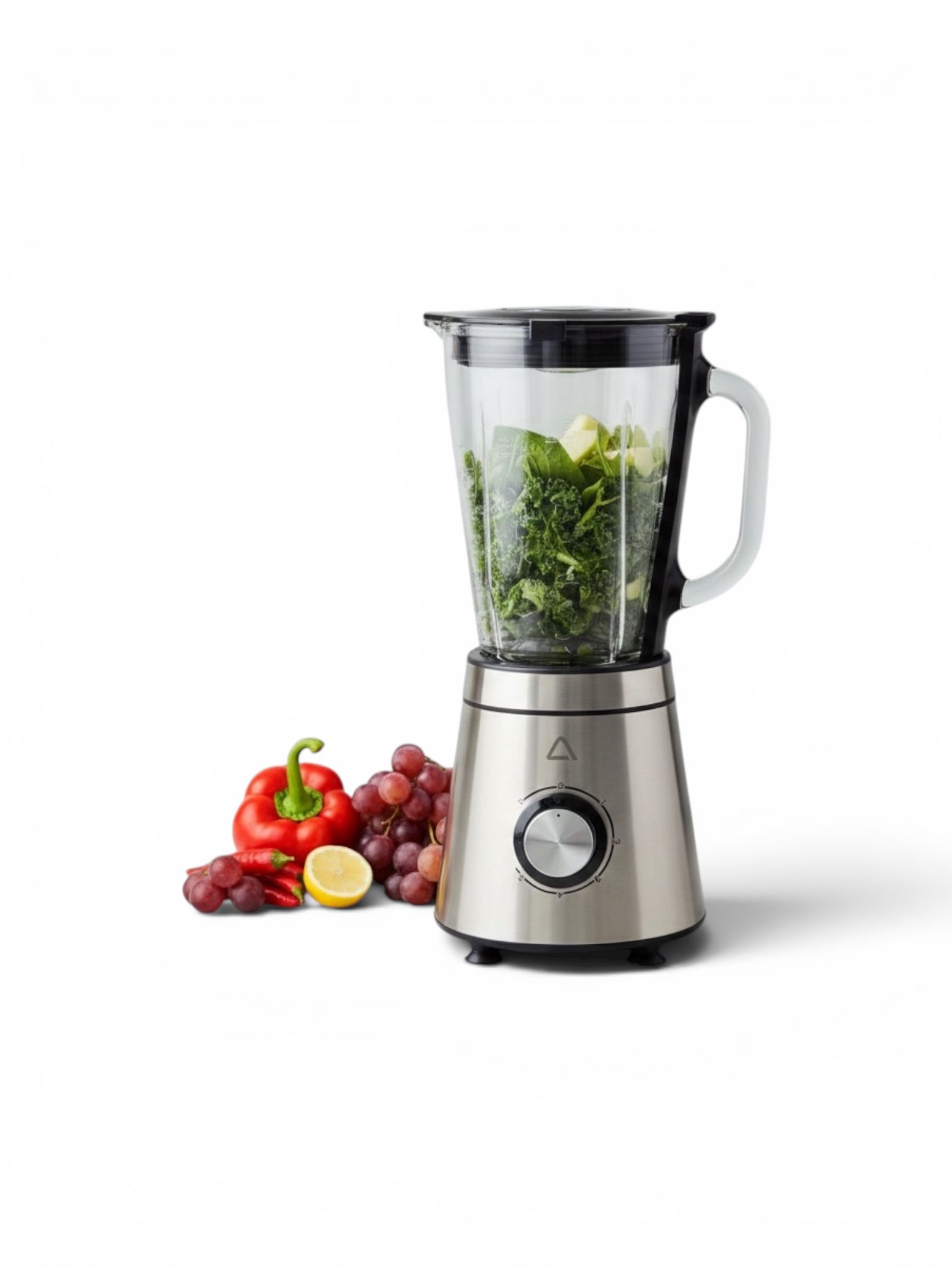 Blender electric Ambiano BL-600 din otel inoxidabil cu vas de sticla umplut cu legume verzi pentru smoothie