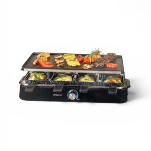 Aparat electric pentru raclette Ambiano de culoare neagra cu placa reversibila cu legume si carne si 8 tigai individuale la baza