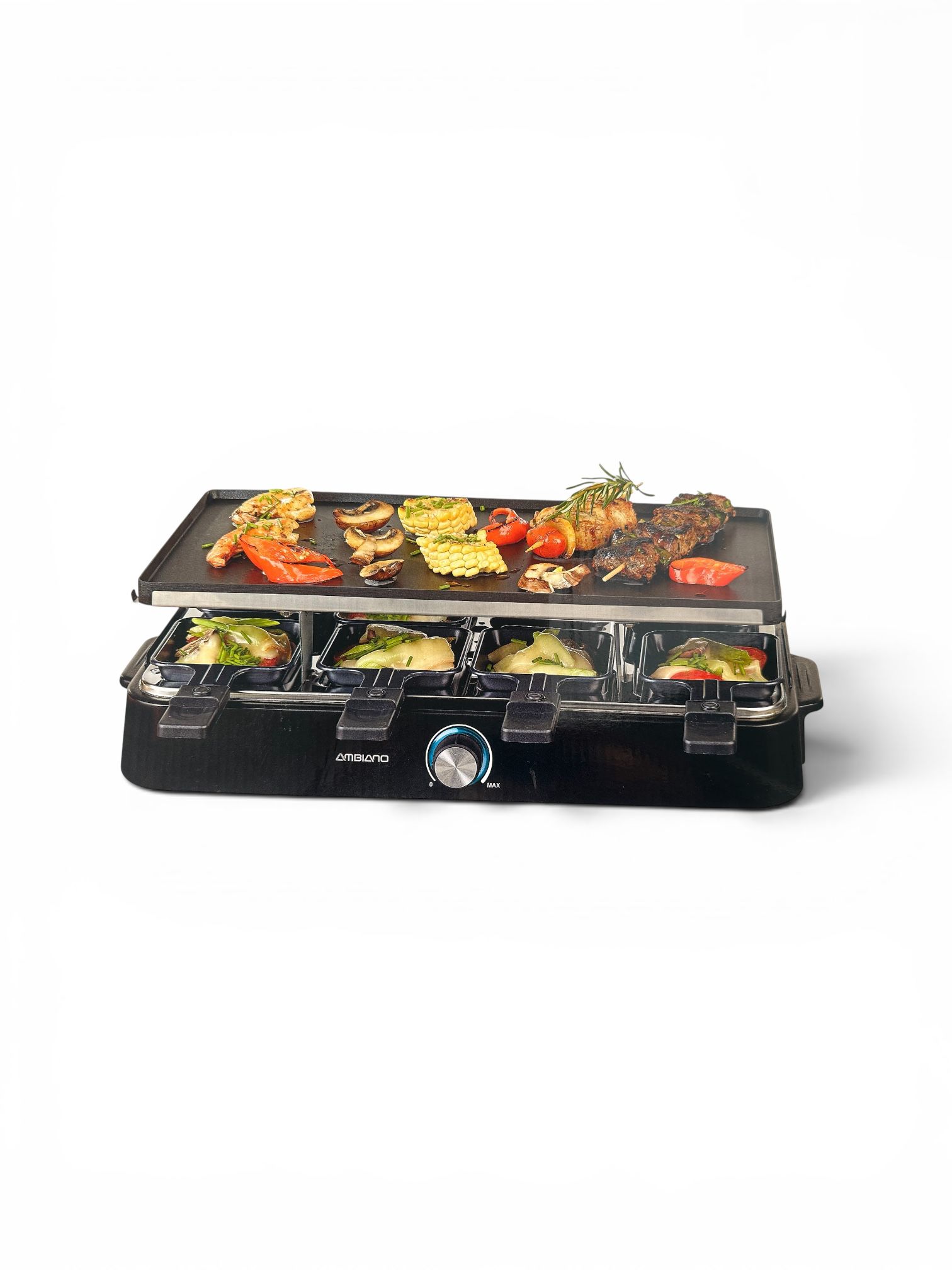 Aparat electric pentru raclette Ambiano de culoare neagra cu placa reversibila cu legume si carne si 8 tigai individuale la baza