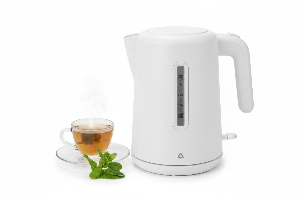 Fierbator electric Ambiano de 1.7L si culoare alba prezentat alaturi de o ceasca de ceai