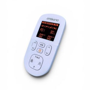 Electrostimulator muscular Ambiano Medical tip telecomanda de culoare alba cu ecran LCD si butoane