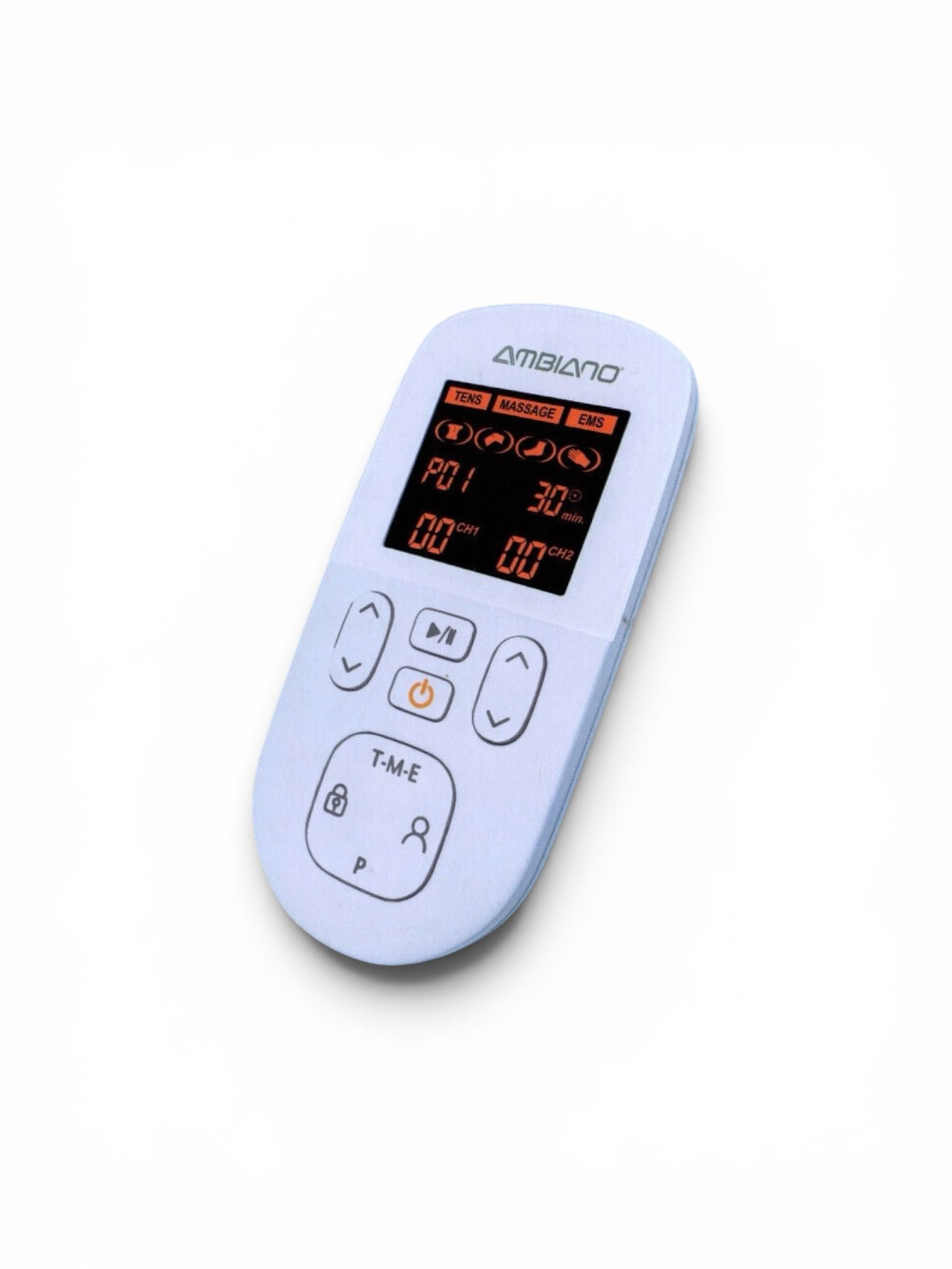 Electrostimulator muscular Ambiano Medical tip telecomanda de culoare alba cu ecran LCD si butoane