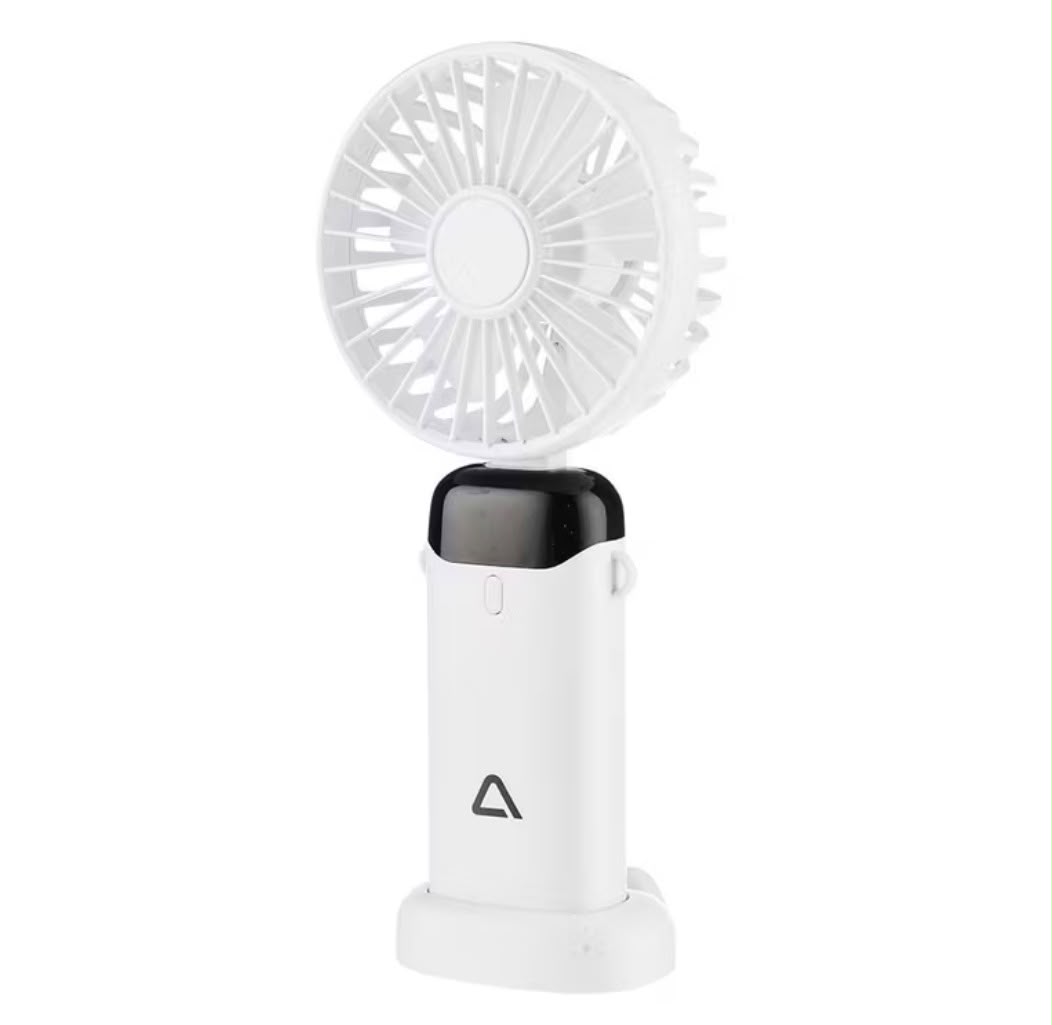 Mini ventilator portabil Ambiano, reîncărcabil USB-C, 3 trepte de viteză, baterie 2000 mAh, suport pliabil, funcție Power Bank