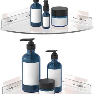 Etajeră de Colț pentru Baie Vdomus, Acril Transparent, Montaj Fără Găurire, Set 2 Bucăți
