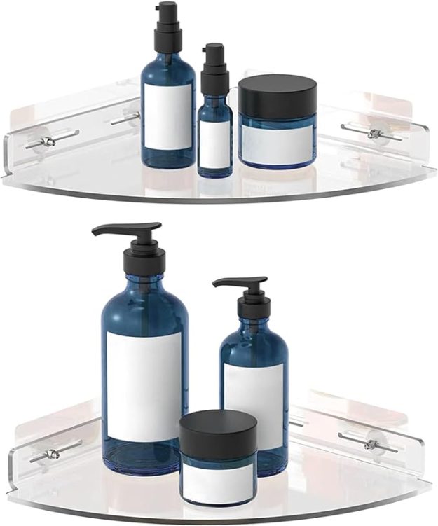 Etajeră de Colț pentru Baie Vdomus, Acril Transparent, Montaj Fără Găurire, Set 2 Bucăți