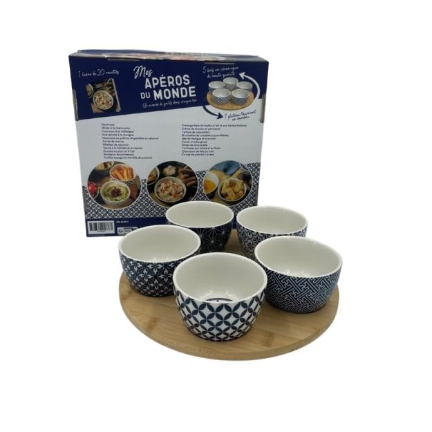 Set 5 boluri din ceramică cu platou rotativ din bambus aperitive Voreea