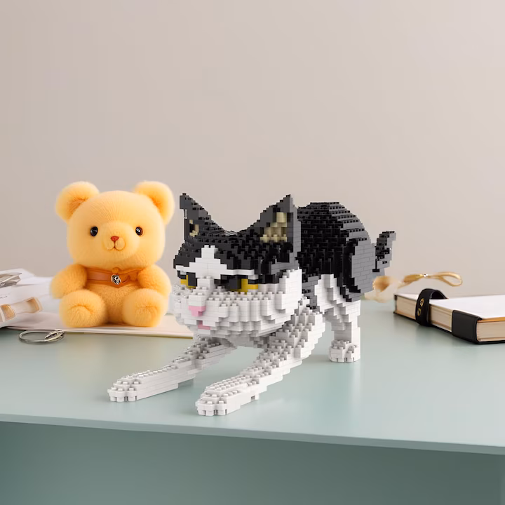Set Micro Blocuri de Construcție Pisică Alb-Negru Lovesn DM3027, 1390 Piese, Model 3D Colecție - imagine 3