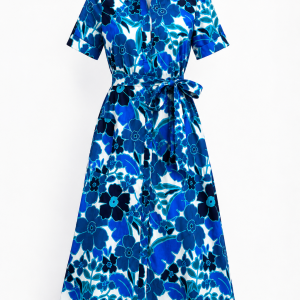 Rochie Lungă Damă cu Imprimeu Floral Albastru, 100% Bumbac, Mânecă Scurtă, Cordón în Talie – Mărimea S/M