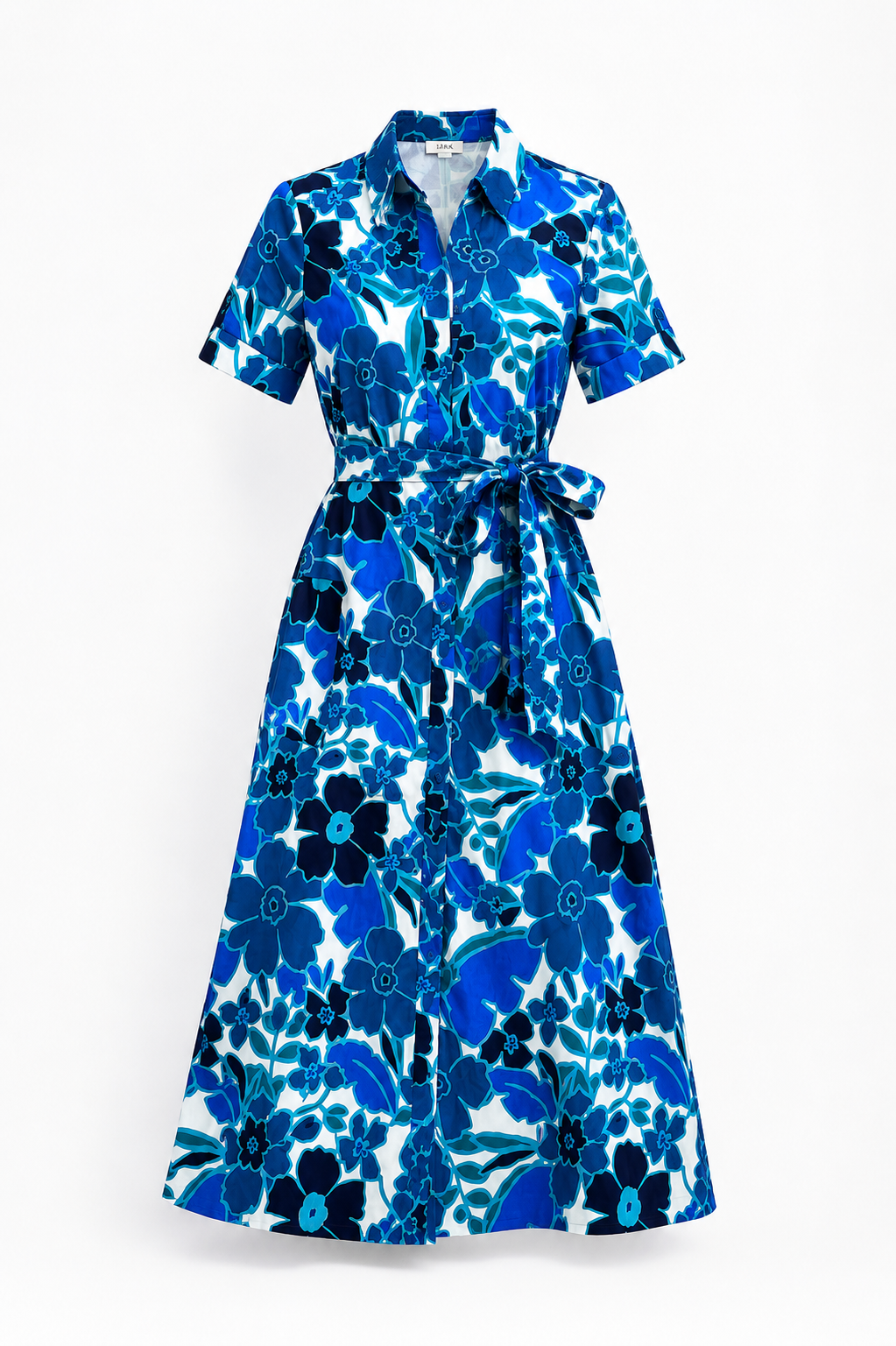 Rochie Lungă Damă cu Imprimeu Floral Albastru, 100% Bumbac, Mânecă Scurtă, Cordón în Talie – Mărimea S/M