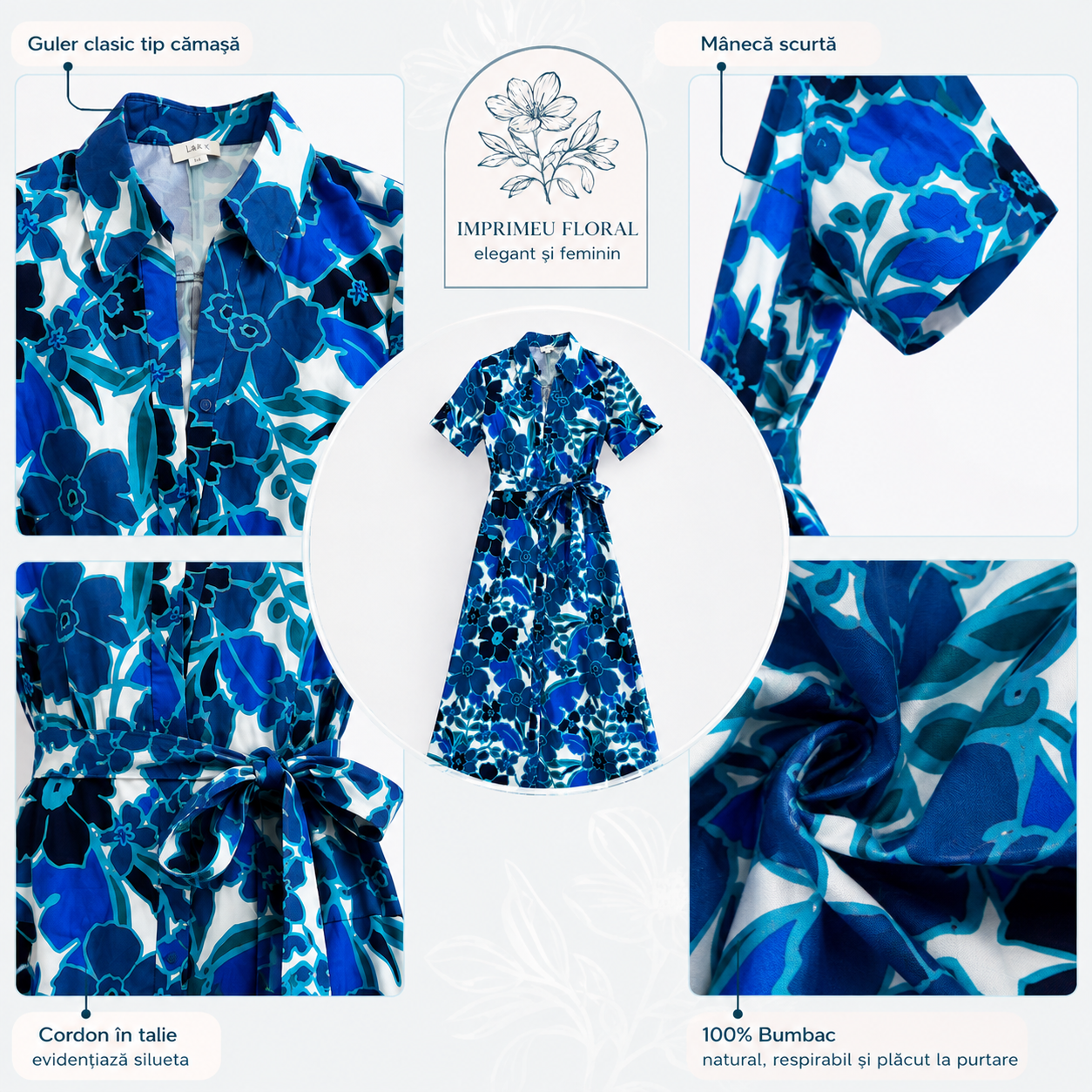 Rochie Lungă Damă cu Imprimeu Floral Albastru, 100% Bumbac, Mânecă Scurtă, Cordón în Talie – Mărimea S/M - imagine 2