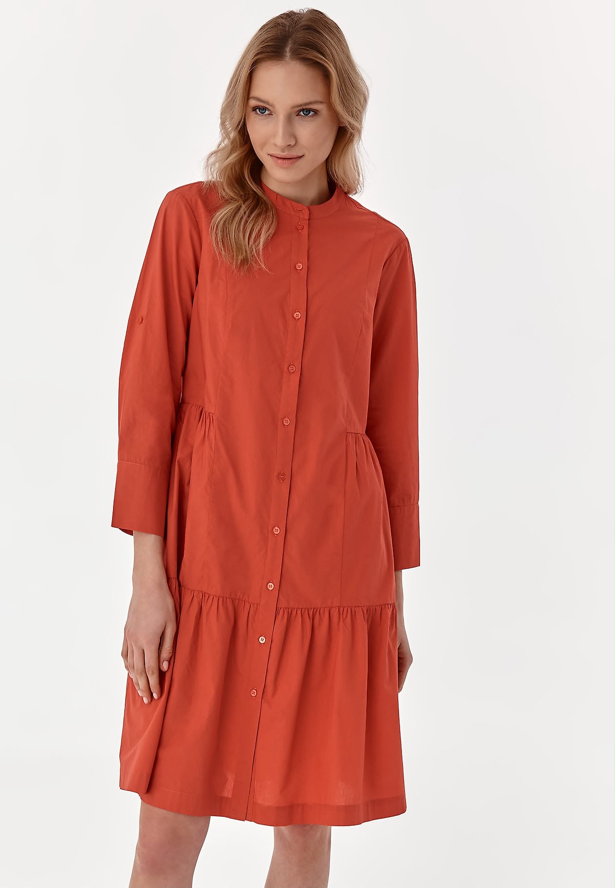Rochie Damă TATUUM Lanola 2 – 100% Bumbac, Culoare Coral, Croială Largă cu Volane și Nasturi,Mărime 36 - imagine 3