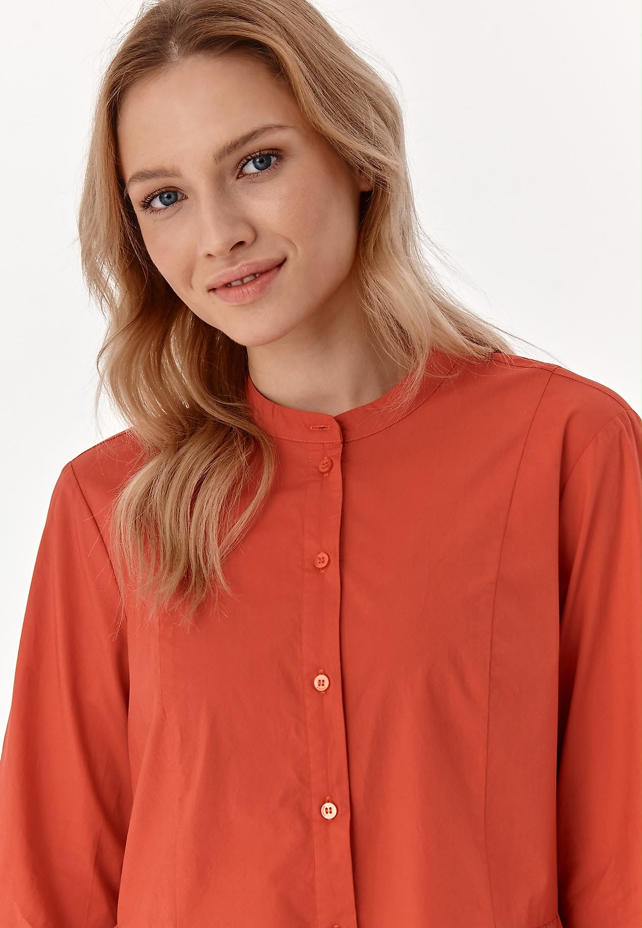 Rochie Damă TATUUM Lanola 2 – 100% Bumbac, Culoare Coral, Croială Largă cu Volane și Nasturi,Mărime 36 - imagine 4