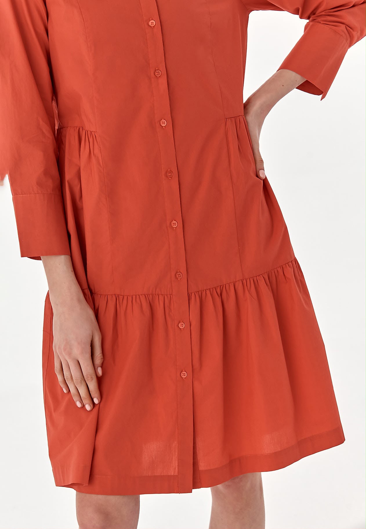 Rochie Damă TATUUM Lanola 2 – 100% Bumbac, Culoare Coral, Croială Largă cu Volane și Nasturi,Mărime 36 - imagine 5