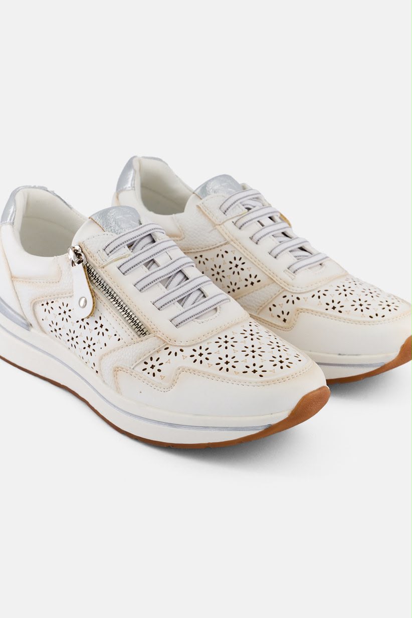 Pantofi sport damă Xti – Alb-Crem cu Detalii Argintii, Model Perforat, Fermoar Lateral, Mărimea 39