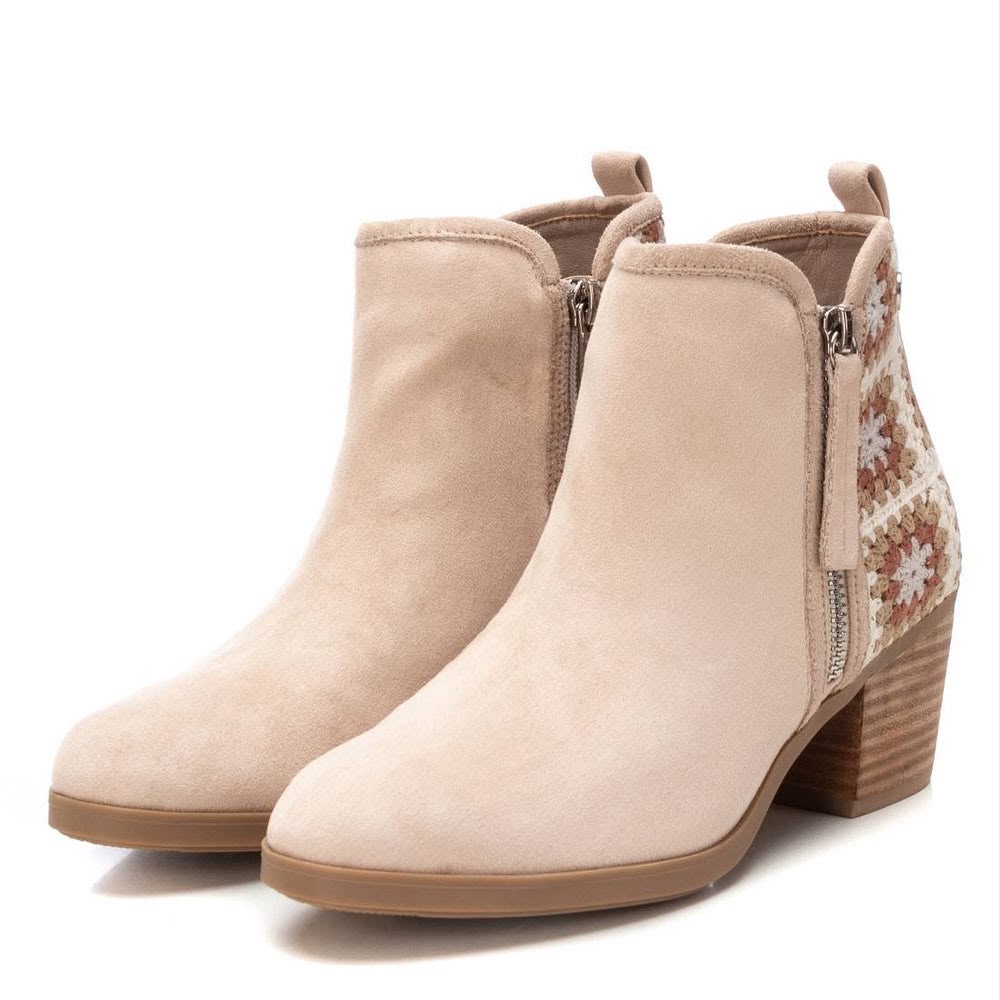Botine damă Refresh cu Toc – Bej sau Kaki, Inserții Textile Decorative, Branț cu Spumă cu Memorie